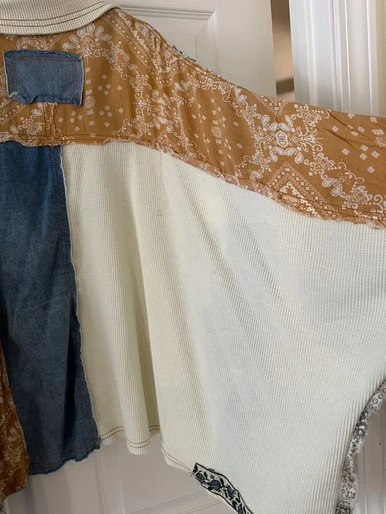 POL Patchwork Boho Shirt Jacket in Blue, Mustard, Cream - Picture 6 of 6